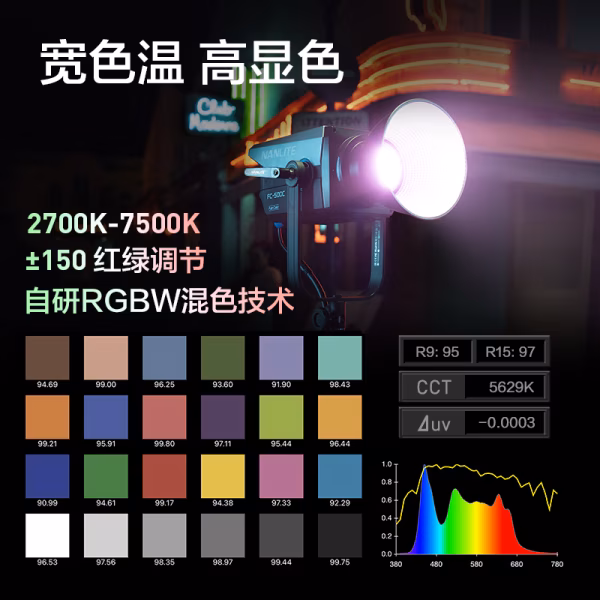 南光 NanLite FC-500C 彩色点光源 520W 影视灯   带45&deg; 反光罩 / 5600K COB光学 